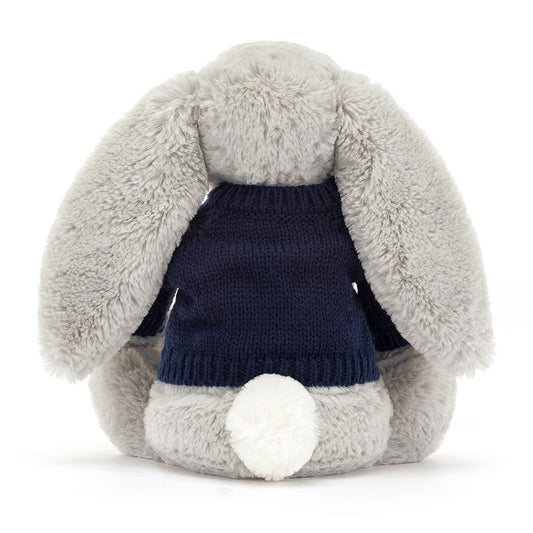 Bashful Silver Bunny With Personalized Navy Jumper - US 4814
