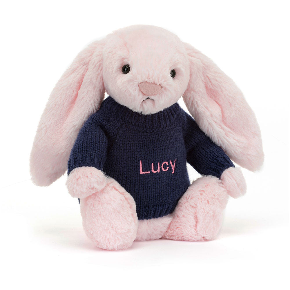 Bashful Pink Bunny With Personalized Navy Jumper - US 3060