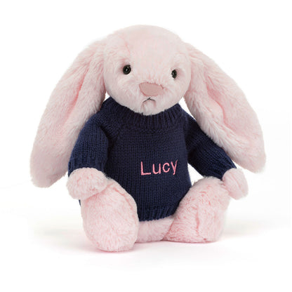 Bashful Pink Bunny With Personalized Navy Jumper - US 3060