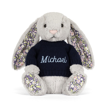 Blossom Silver Bunny 'Bloom' With Personalized Navy Jumper - US 1297