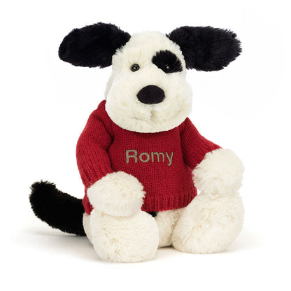 Bashful Black & Cream Puppy With Personalized Red Jumper - US 9614